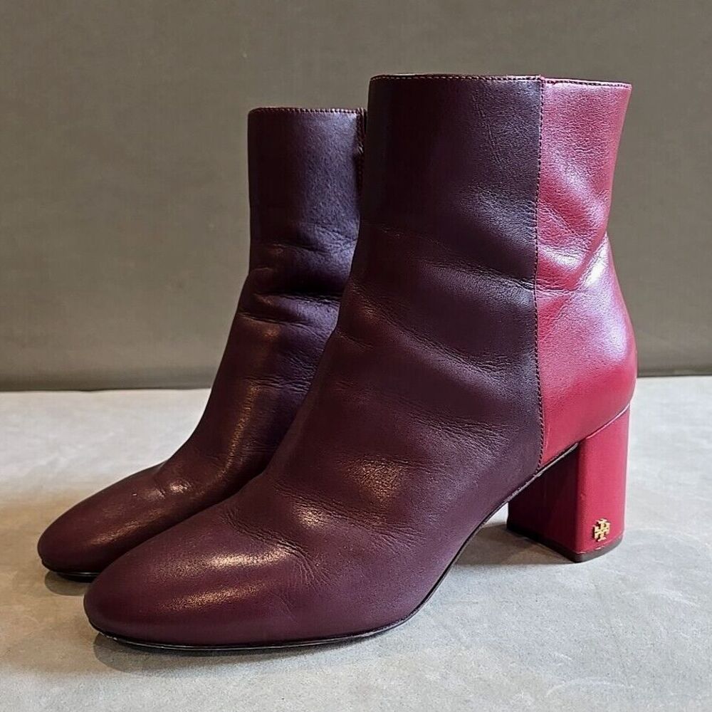 Tory Burch Brooke 2-Tone Red/Maroon Leather Booties US Size 10.5